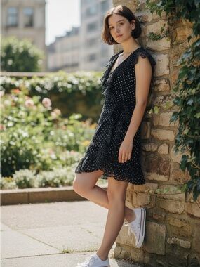 White House Black Market Black Polka Dot Ruffle Wrap Mini Dress